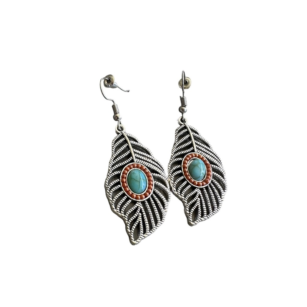 Silver and Turquoise Cut Metal Feather Earrings